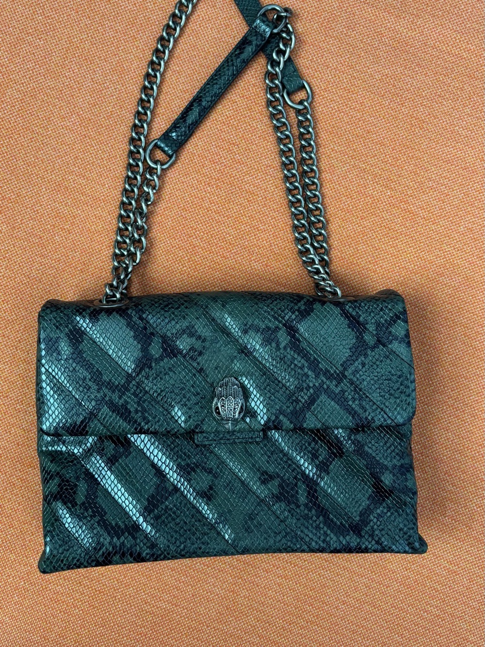 Kurt Geiger Dark Green Snake-Embossed Chain Crossbody Bag